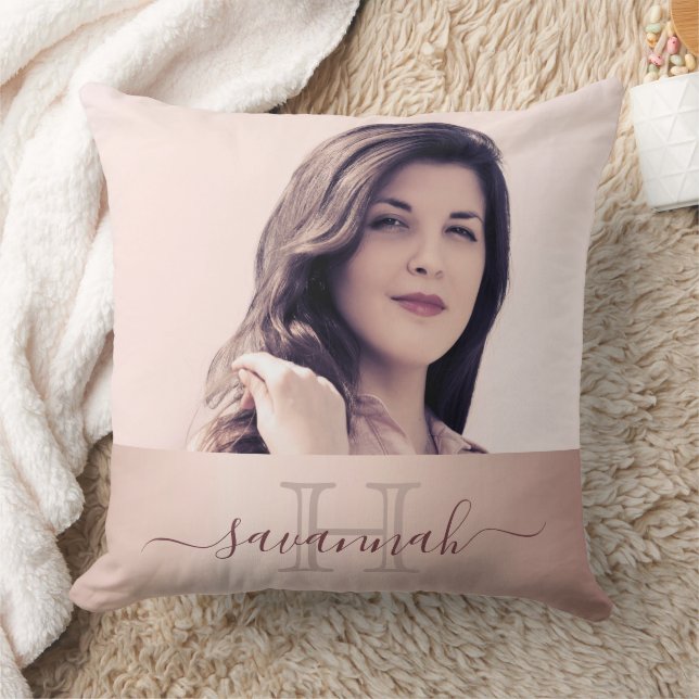 Rose gold blush photo monogram initial name throw pillow (Blanket)