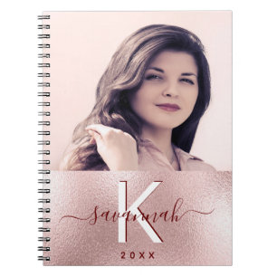 Rose gold blush photo monogram script notebook
