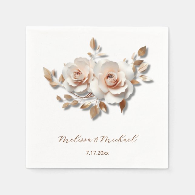 Rose Gold Blush Pink 3D Roses Your Names Wedding Napkin (Front)