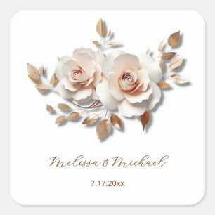 Rose Gold Blush Pink 3D Roses Your Names Wedding Square Sticker