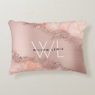 Rose Gold Blush Pink Agate Geode Glitter Monogram Accent Pillow