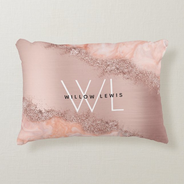 Rose Gold Blush Pink Agate Geode Glitter Monogram Accent Pillow (Front)