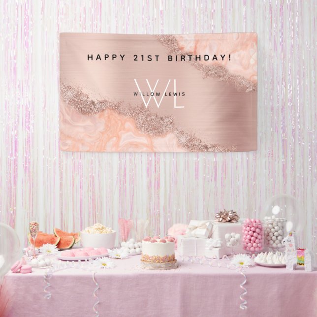 Rose Gold Blush Pink Agate Geode Glitter Monogram  Banner (Party)