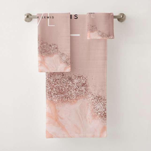 Rose Gold Blush Pink Agate Geode Glitter Monogram Bath Towel Set (Insitu)