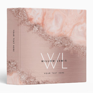 Rose Gold Blush Pink Agate Geode Glitter Monogram Binder