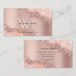 Rose Gold Blush Pink Agate Geode Glitter Monogram  Business Card