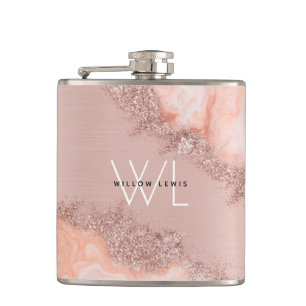 Rose Gold Blush Pink Agate Geode Glitter Monogram Hip Flask
