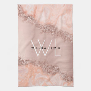 Rose Gold Blush Pink Agate Geode Glitter Monogram  Kitchen Towel