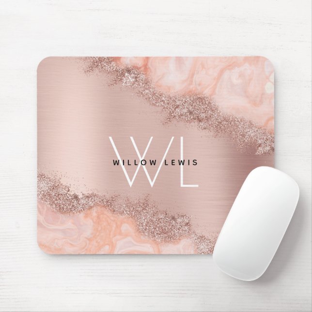 Rose Gold Blush Pink Agate Geode Glitter Monogram Mouse Pad (With Mouse)