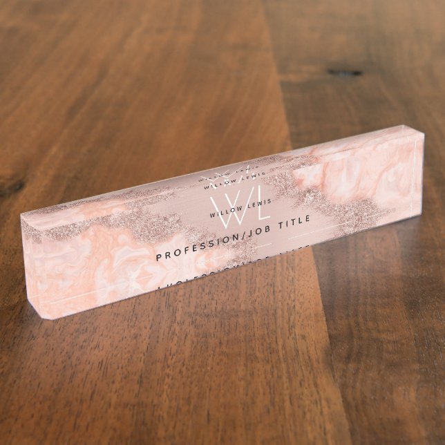 Rose Gold Blush Pink Agate Geode Glitter Monogram Nameplate (Side)