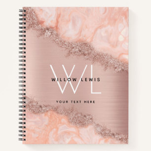 Rose Gold Blush Pink Agate Geode Glitter Monogram Notebook