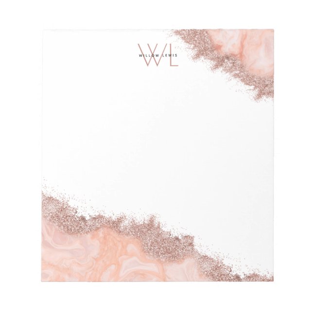 Rose Gold Blush Pink Agate Geode Glitter Monogram Notepad (Front)