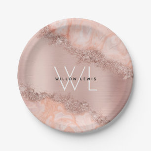 Rose Gold Blush Pink Agate Geode Glitter Monogram Paper Plate