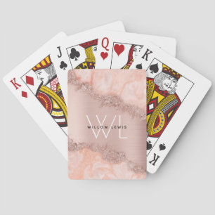 Rose Gold Blush Pink Agate Geode Glitter Monogram Playing Cards