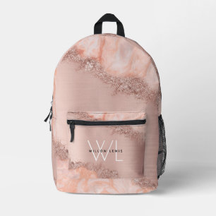 Rose Gold Blush Pink Agate Geode Glitter Monogram Printed Backpack
