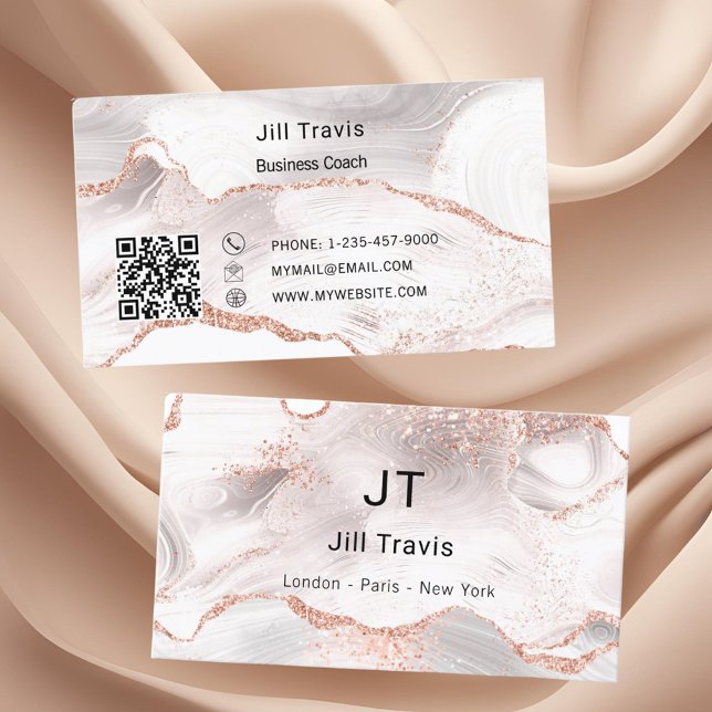 Rose gold blush pink agate marble QR code  Business Card (Creator Uploaded)