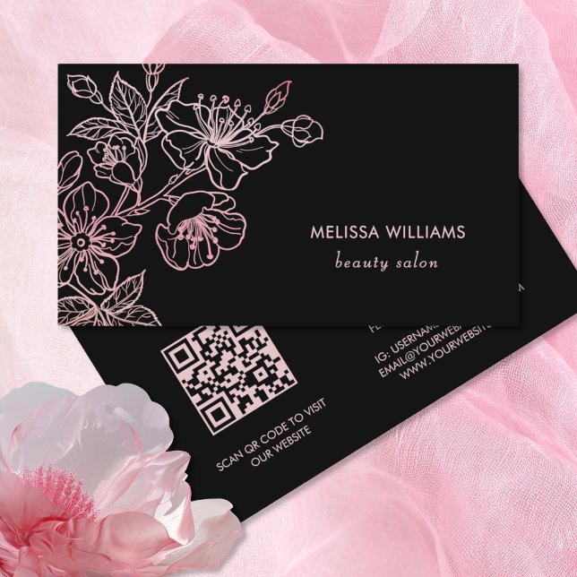 Rose Gold Blush Pink Black Floral | QR Code Business Card (Creator Uploaded)