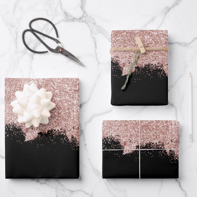 Rose Gold Blush Pink Black Girly Glitter Dust Wrapping Paper Sheet (Front)