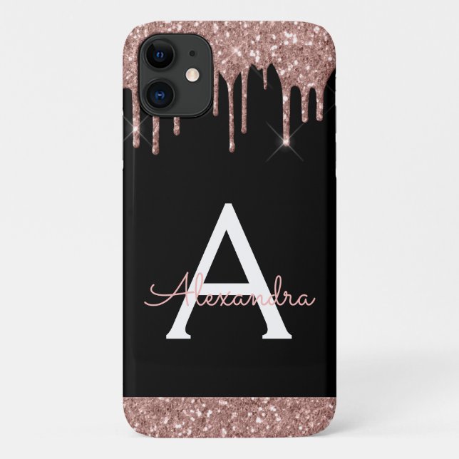 Rose Gold Blush Pink Black Glitter Monogram Case-Mate iPhone Case (Back)