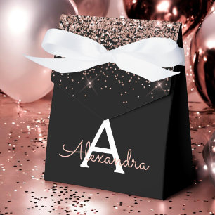 Rose Gold Blush Pink Black Glitter Monogram Favor Box