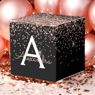 Rose Gold Blush Pink Black Glitter Monogram Favor Box