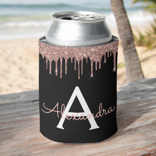 Rose Gold - Blush Pink Black Glitter Monogram Name Can Cooler