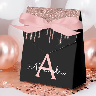 Rose Gold - Blush Pink Black Glitter Monogram Name Favor Box