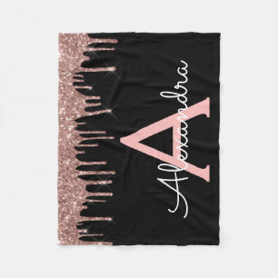 Rose Gold - Blush Pink Black Glitter Monogram Name Fleece Blanket