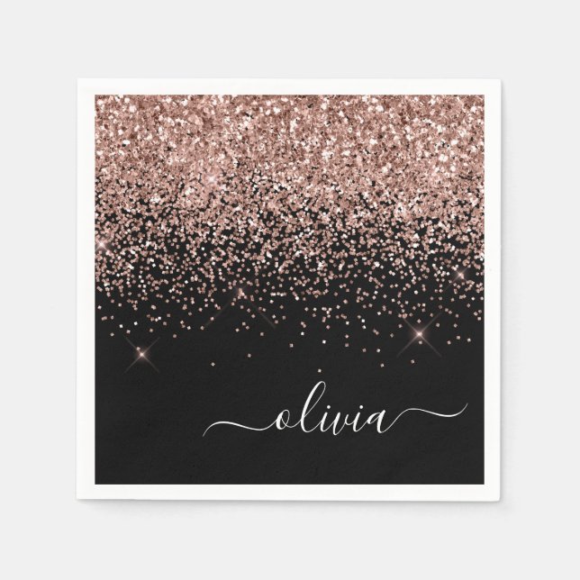 Rose Gold - Blush Pink Black Glitter Monogram Name Napkin (Front)