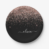 Rose Gold - Blush Pink Black Glitter Monogram Name