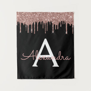 Rose Gold - Blush Pink Black Glitter Monogram Name Tapestry