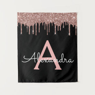 Rose Gold - Blush Pink Black Glitter Monogram Name Tapestry