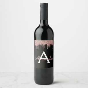 Rose Gold - Blush Pink Black Glitter Monogram Name Wine Label
