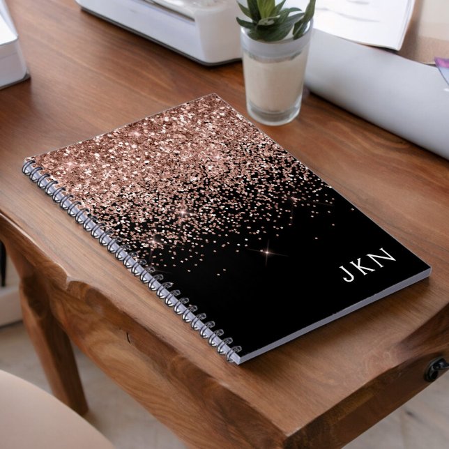 Rose Gold Blush Pink Black Glitter Monogram Notebook (Creator Uploaded)