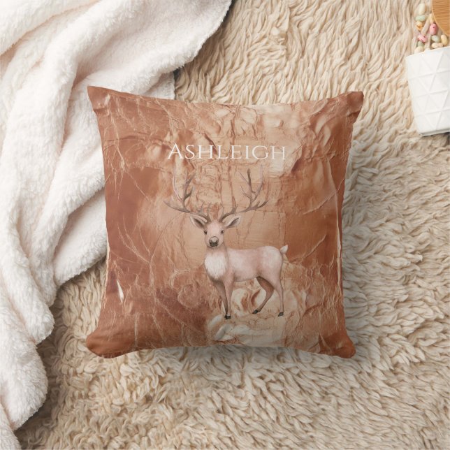 Rose Gold Blush Pink Boho Deer Tree Throw Pillow (Blanket)