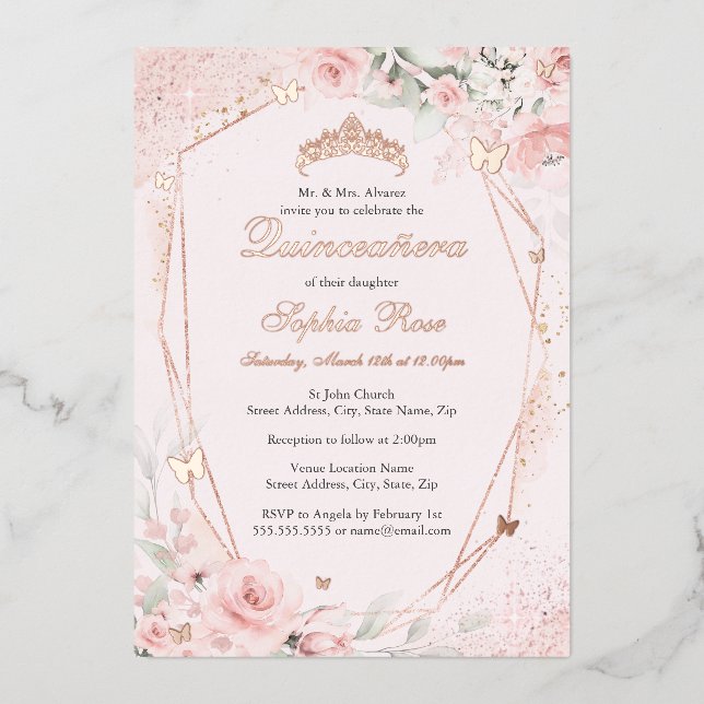 Rose Gold Blush Pink Butterfly Floral Quinceanera (Front)