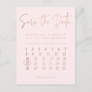 Rose gold blush pink calendar save the date announcement postcard