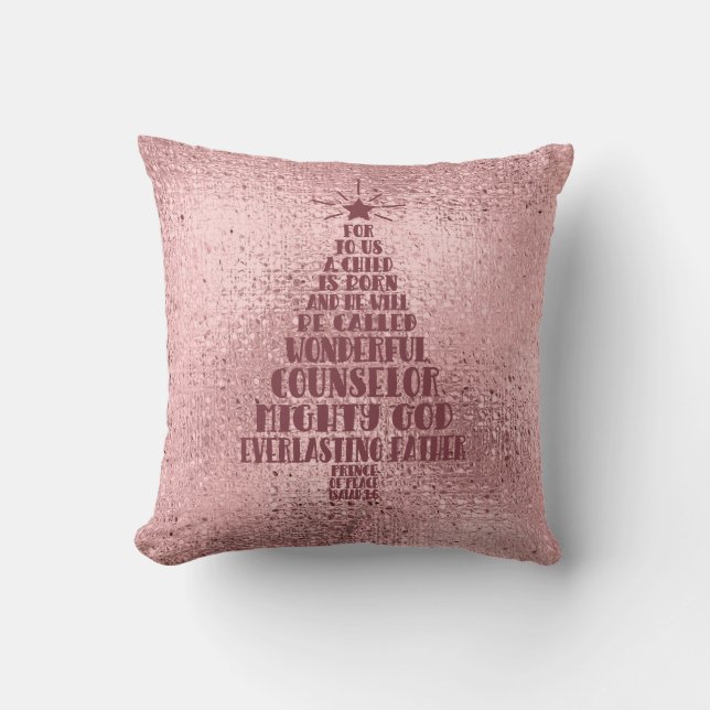 Rose Gold Blush Pink Christian Christmas Scripture Throw Pillow (Front)