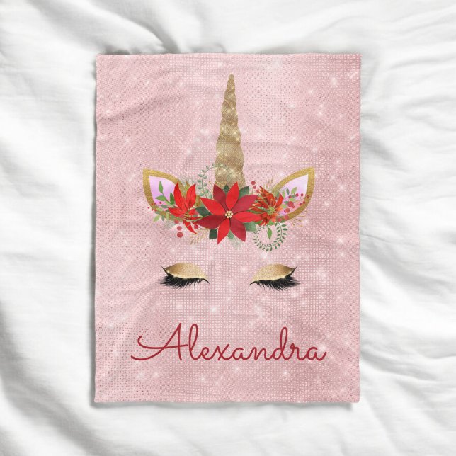 Rose Gold - Blush Pink Christmas Unicorn Monogram Fleece Blanket (Creator Uploaded)