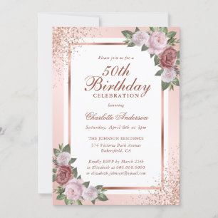 Rose Gold Blush Pink Confetti Floral 50th Birthday Invitation