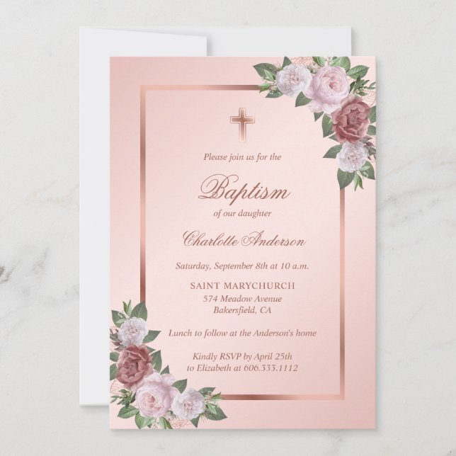 Rose Gold Blush Pink Floral Girl Baptism Invitation (Front)