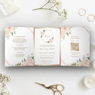 Rose Gold Blush Pink Floral QR Code Wedding Tri-Fold Invitation