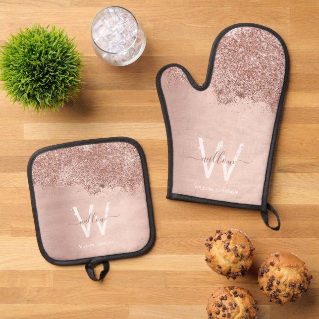 Rose Gold Blush Pink Girly Dust Monogram Oven Mitt & Pot Holder Set (Top Down)
