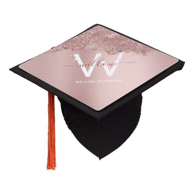 Rose Gold Blush Pink Girly Glitter Dust Monogram Graduation Cap Topper (Angled)