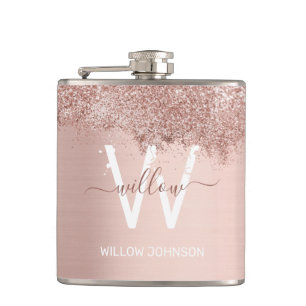 Rose Gold Blush Pink Girly Glitter Dust Monogram Hip Flask