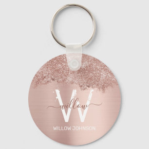 Rose Gold Blush Pink Girly Glitter Dust Monogram Keychain