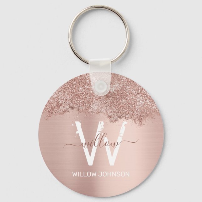 Rose Gold Blush Pink Girly Glitter Dust Monogram Keychain (Front)
