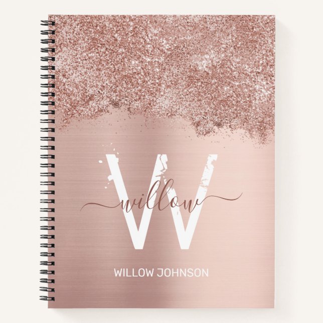 Rose Gold Blush Pink Girly Glitter Dust Monogram Notebook (Front)