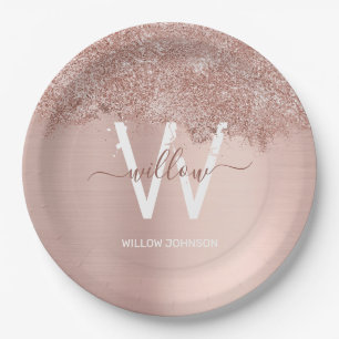 Rose Gold Blush Pink Girly Glitter Dust Monogram Paper Plate