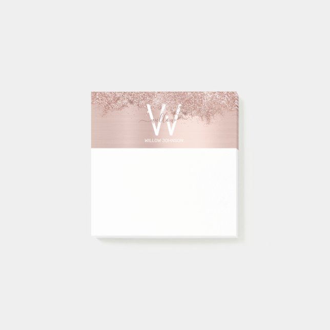Rose Gold Blush Pink Girly Glitter Dust Monogram Post-it Notes (Front)